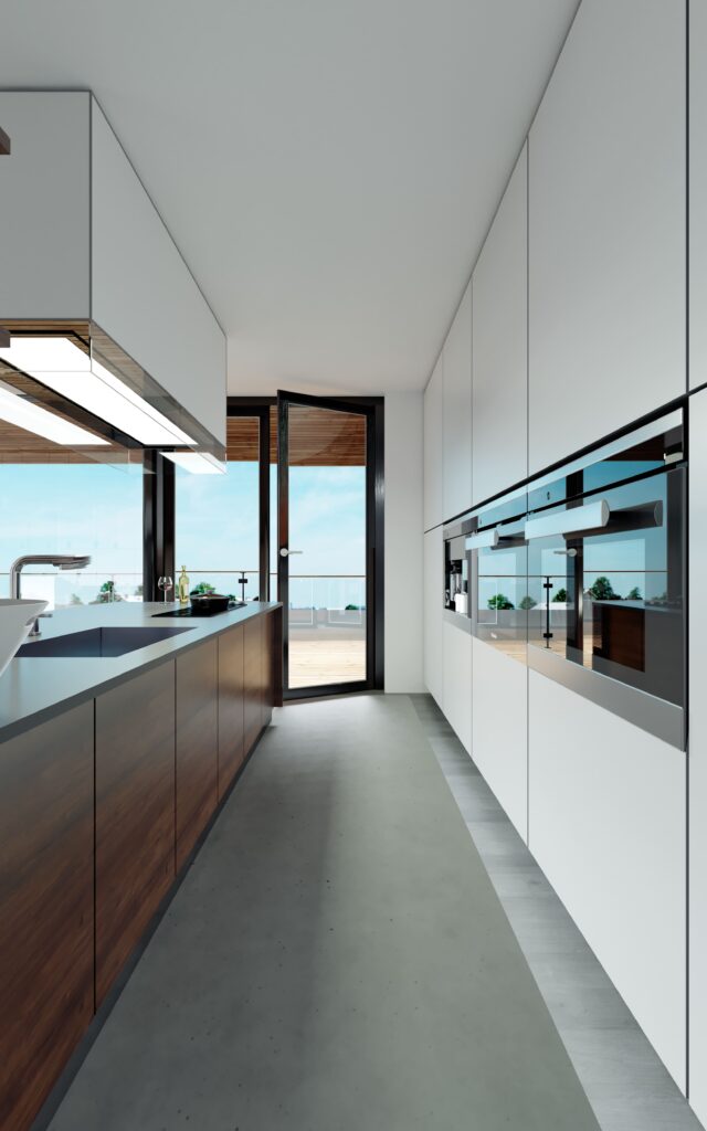 large kitchen modern scandinavian style white wooden furniture facade